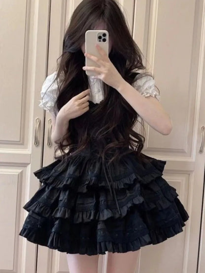 Y2K Two-piece Dress Set Women Puff Sleeve Shirt Black A-line Ruffles Cake Mini Dress Korean Fashion Suit Summer New Outfit