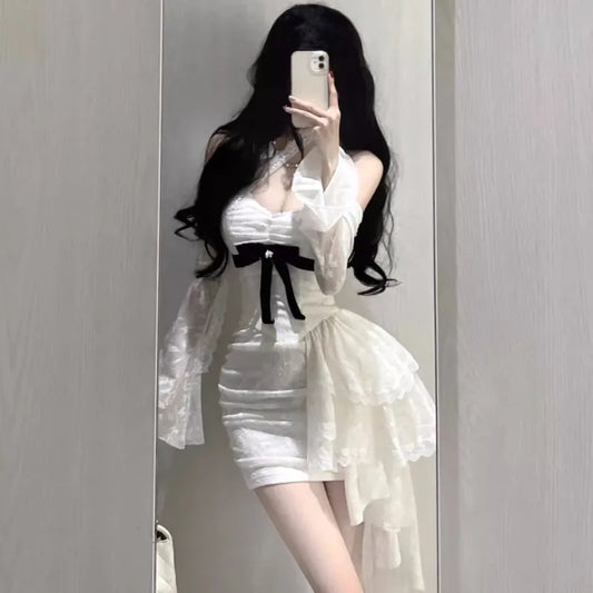 Y2K Lace Bodycon Mini Dresses for Women Slash Neck Flare Sleeve A-line Birthday Party Short Train Dress Korean Fashion Vestidos