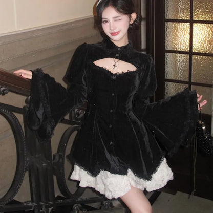 Y2K Gothic Black Mini Dresses Women Flare Sleeve O-neck Hollow Out Ruffles Patchwork A-line Korean Chic Party Dress Autumn New