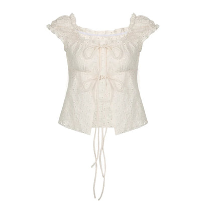 Jacquard Hollow Out Lace-up Cute Top Y2K Girls Short Sleeve Fitted Tee Shirt Ruffles Detail Square Collar Tops Women