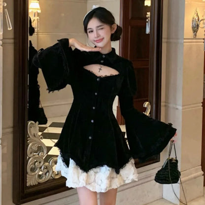 Y2K Gothic Black Mini Dresses Women Flare Sleeve O-neck Hollow Out Ruffles Patchwork A-line Korean Chic Party Dress Autumn New