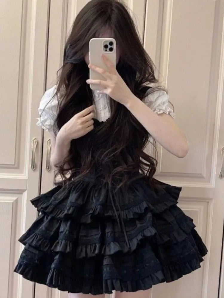 Y2K Two-piece Dress Set Women Puff Sleeve Shirt Black A-line Ruffles Cake Mini Dress Korean Fashion Suit Summer New Outfit