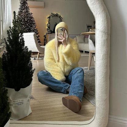 Cool Street Girls Winter Fashion Fluffy Fox Fur Jacket Women Casual Round Neck Faux Fur Coat Chic Thick Warm Outerwear