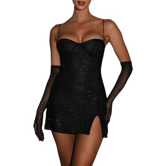 Corset Dress for Women Solid Color Spaghetti Strap Sleeveless Bodycon Dress with Gloves Ladies Evening Party Dresses