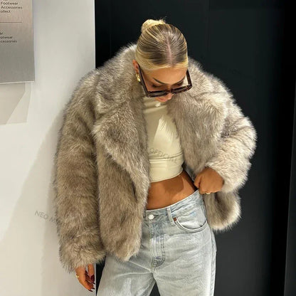 Chic Street Girls Gradient Faux Fur Jacket Women Winter  Brand Fashion Fluffy Fox Fur Coat Female Luxury Outerwear