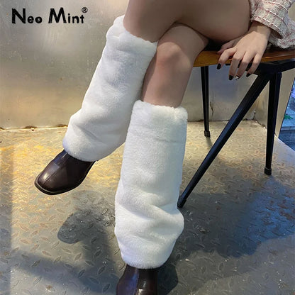 Harajuku Y2k Fashion Girls Faux Rabbit Fur Leg Warmers Women Goth Punk Rave Cyber Fluffies Costume Leggings Boot Covers Clubwear