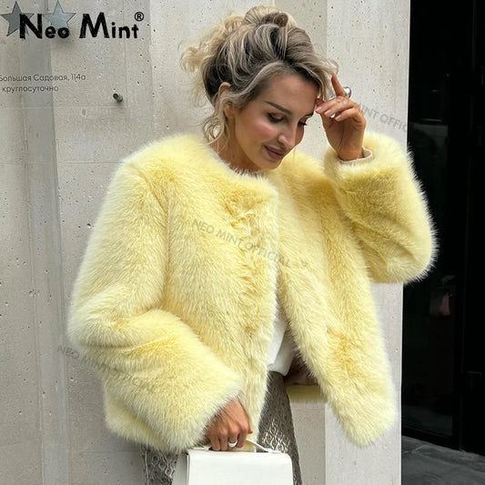 Cool Street Girls Winter Fashion Fluffy Fox Fur Jacket Women Casual Round Neck Faux Fur Coat Chic Thick Warm Outerwear