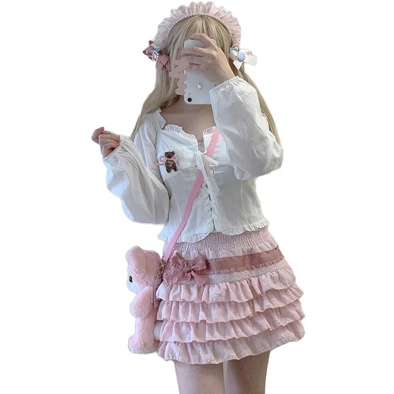 Kawaii Lolita Cake Skirt Girls Harajuku High Waist Ruffle Layered Skirts y2k Aesthetic Women Fairycore Skirt Streetwear