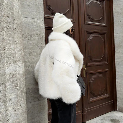 Chic Street Furry Collar Faux Fur Coat Women  Winter Hot Girls Snow White Mountain Fashion Fluffy Fox Fur Jacket