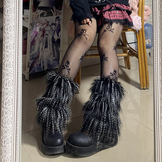 Y2K Goth Furry Faux Fur Women Leg Warmers Boot Covers Harajuku Lolita Girls Punk Fashion Cute Jk Hipster Warm Fluffies Leggings