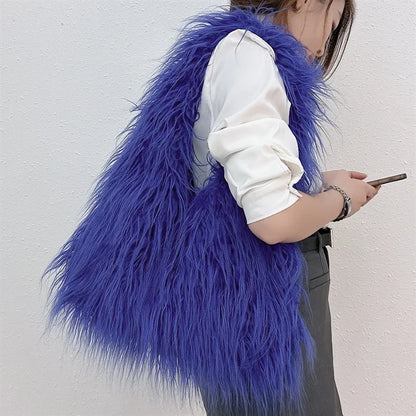 Y2k Kpop Girls Hot Fluffy Furry Shoulder Bags for Women Trend  Luxury Brand Designer Faux Fur Big Tote Bag Harajuku Handbags
