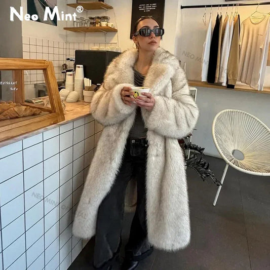 Slouchy Chic Gradient Long Eco Faux Fur Coat Women Winter Thick Warm Fluffy Fox Fur Jacket Brand Fashion Girls Overcoat