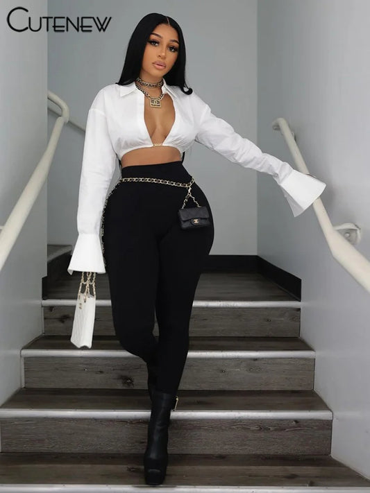 Concise Sexy Blouse T-shirts Autumn Fashion Long Sleeve Buttons Metal Connect Opened Lapel Tops Mujer Stretch Crop Tees