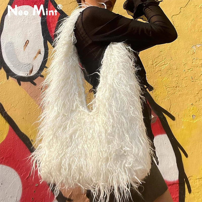 Y2k Kpop Girls Hot Fluffy Furry Shoulder Bags for Women Trend  Luxury Brand Designer Faux Fur Big Tote Bag Harajuku Handbags