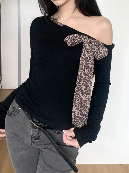 Design Skew Collar Leopard Lace-Up Top Tees s Autumn Women Trendy Clothes Long Sleeve Slim Y2k Blouse New