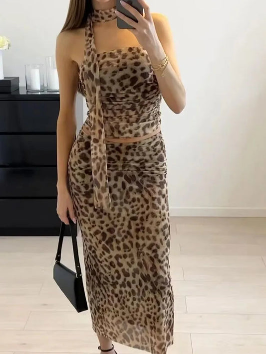Women&#8217;s tulle leopard print top shoulder straight neck and leopard print straight skirt summer casual girls two-piece set