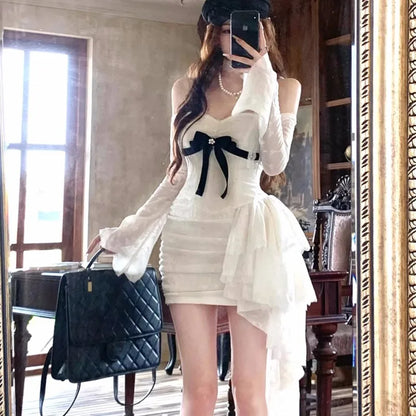 Y2K Lace Mini Dresses for Women Slash Neck Flare Sleeve A-line Ruffles Birthday Party Short Train Dress Korean Fashion Vestidos