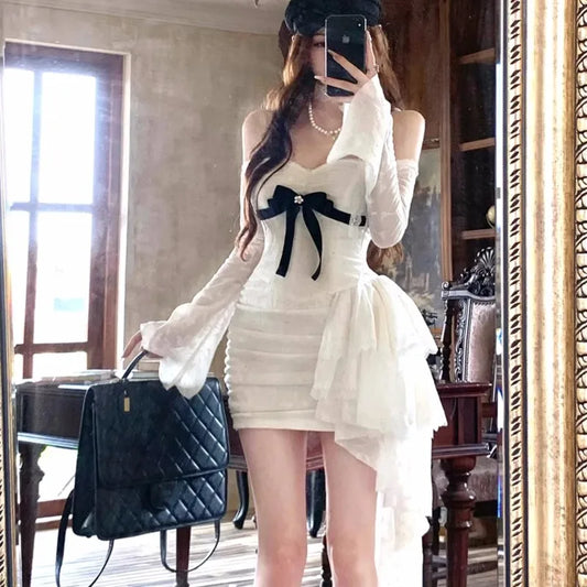 Y2K Lace Mini Dresses for Women Slash Neck Flare Sleeve A-line Ruffles Birthday Party Short Train Dress Korean Fashion Vestidos