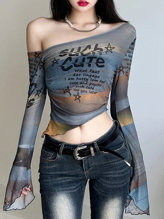 Colour Letter Print Fabric Skew Collar Asymmetric Women Top Tees Flared Sleeve Design Chic Slim Personality Blouses