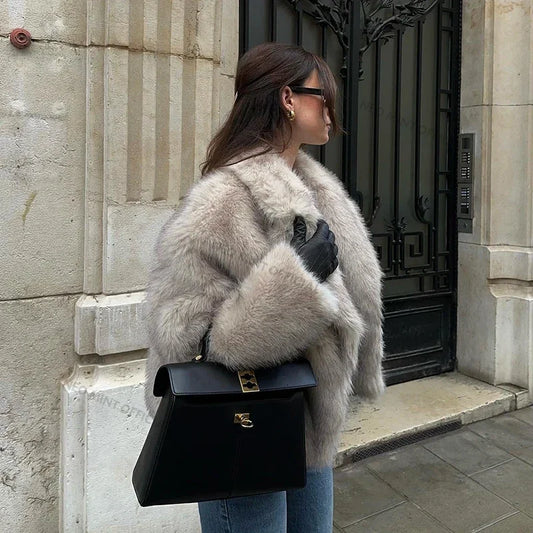 Chic Street Girls Gradient Faux Fur Jacket Women Winter  Brand Fashion Fluffy Fox Fur Coat Female Luxury Outerwear