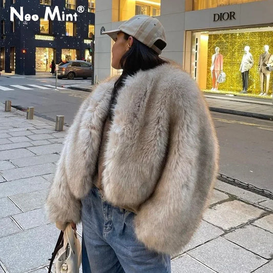 Iconic Street Fashion Week Luxury Brand Gardient Cropped Faux Fur Coat Women Winter  Hot Cool Girls Fluffy Short Fur Jacket
