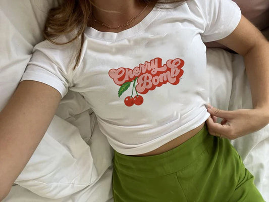 Short-sleeved T-shirt Women Summer cherry letter print short-sleeved top Spice Girls wearing crop short slim-fit street style