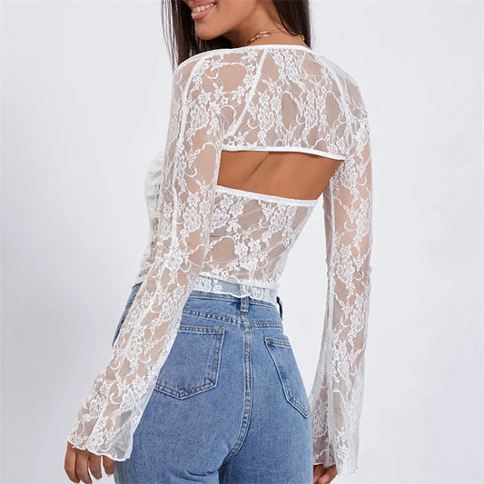 Tube Top with Shrug Women Sexy See Through Strapless Bandeau Vest and Long Sleeve Cover Up Lace Clothes Party Clubwear