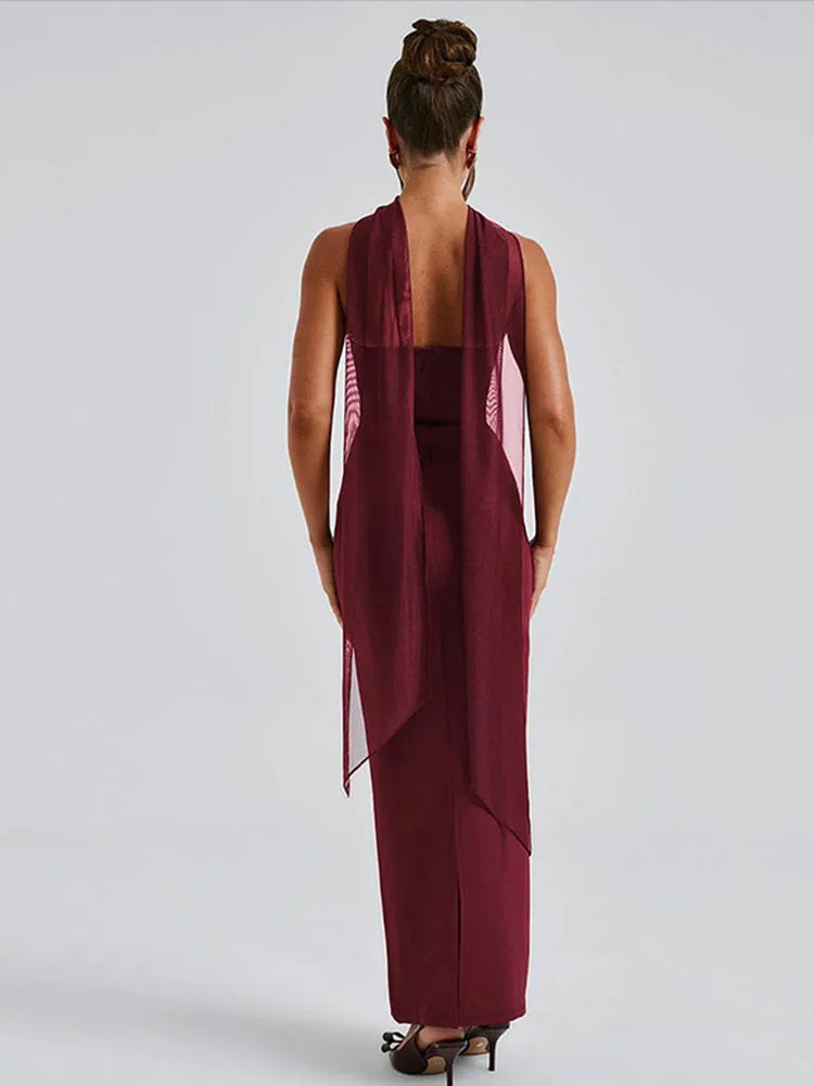 Vintage Pleated Tube Long Dresses Women Elegant Solid Slim Fit Sleeveless Dress With Silk Scarf Gloves Female Summer Evening
