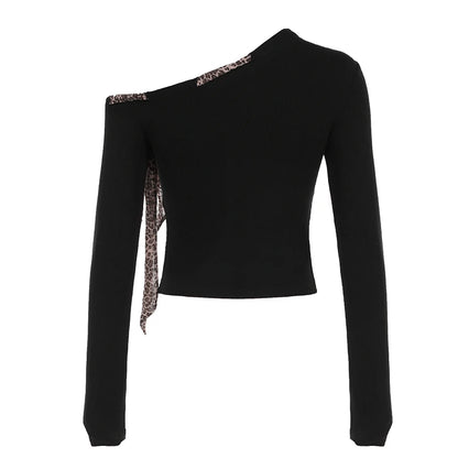 Design Skew Collar Leopard Lace-Up Top Tees s Autumn Women Trendy Clothes Long Sleeve Slim Y2k Blouse New