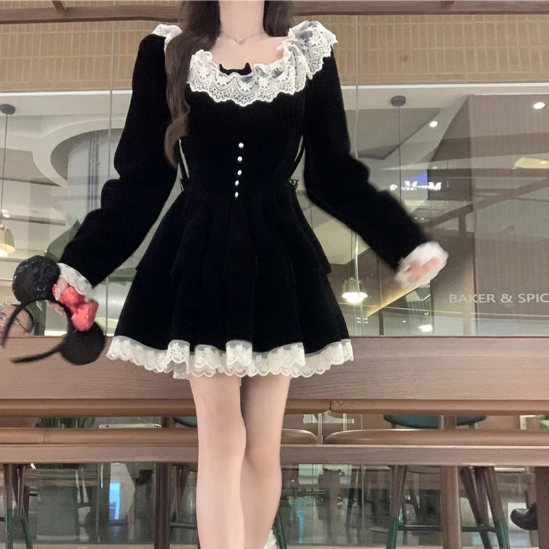 y2k Dress Women Aesthetic Clothes Lace Trim Scoop Neck Long Sleeve A Line Mini Dress Velvet Party Dresses Streetwear