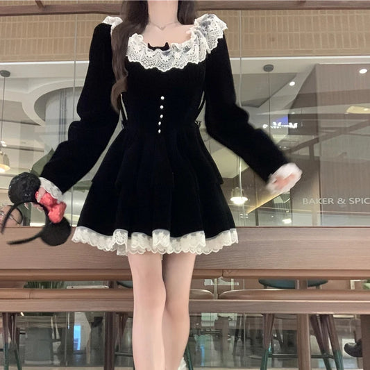 y2k Dress Women Aesthetic Clothes Lace Trim Scoop Neck Long Sleeve A Line Mini Dress Velvet Party Dresses Streetwear