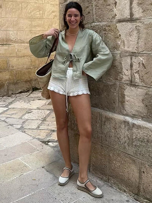 Fashion V-neck Lace Up Shirts Women  Spring Summer New Casual Long Sleeve Blouse For Female Solid Elegant Street Lady Tops