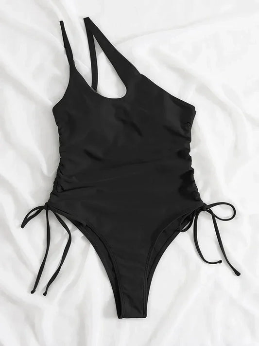 Women&#8217;s One Shoulder Swimsuit Tanga Bikini Set Two Piece Swimwear Solid Color Padded Bikini Top Bra Briefs Bottom Sexy
