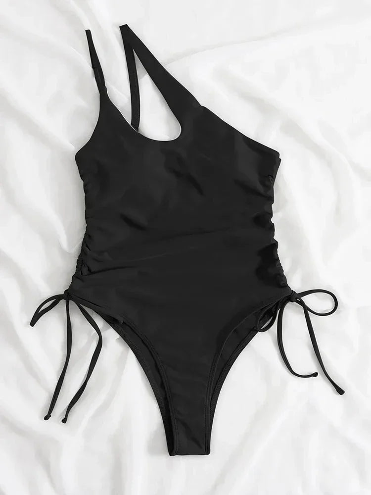 One Shoulder Bikini Textured Swimwear High Cut Swimsuit Solid Bathing Suit Women Brazilian  Fashion