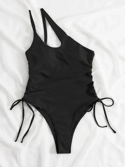 One Shoulder Bikini Textured Swimwear High Cut Swimsuit Solid Bathing Suit Women Brazilian  Fashion