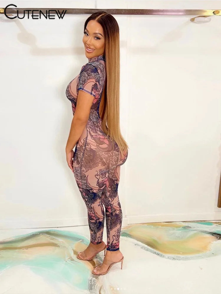 Women&#8217;s Printed Jumpsuit Casual Short-sleeves Fitness One Piece Sporty Attirewear Streetwear Overalls  Spring New