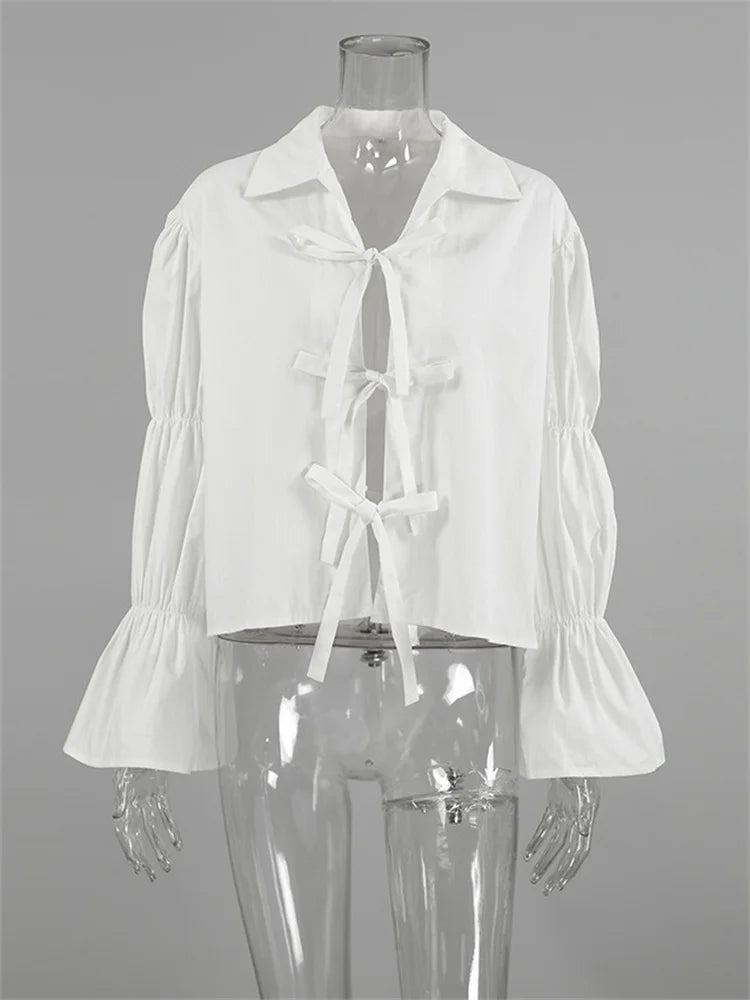 Chiffon Lace-Up Hollow Out Shirts Women&#8217;s Lapel Patchwork Bandage Long Sleeve Fashion Blouse Top Female White Outwear