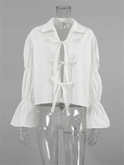 Chiffon Lace-Up Hollow Out Shirts Women&#8217;s Lapel Patchwork Bandage Long Sleeve Fashion Blouse Top Female White Outwear