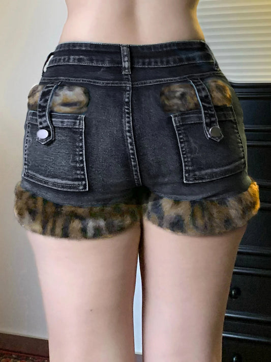 Fashion Y2k Leopard Faux Fur Spliced Jean Shorts Women Chic Trendy Street Shorts Retro Exquisite