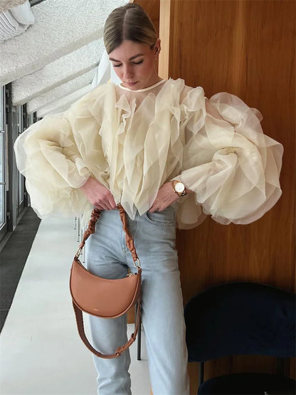 Patchwork Ruffled White Shirts Fashion Elegant For Women High Waist Long Sleeve Casual Streetwear Ladies Blouse Top