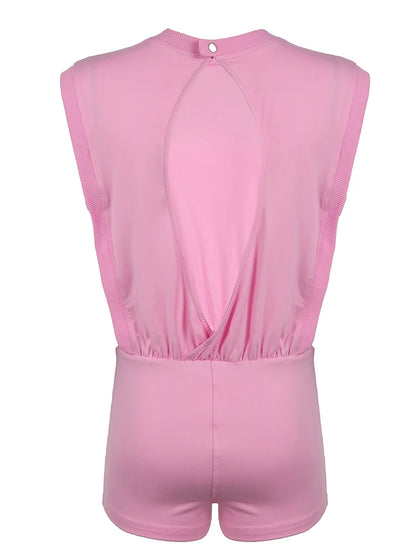 Hollow Out Back Sleeveless Boho Blouse Rompers Womens O Neck Solid Simple Casual Summer Vacation Beach Playsuits Pink