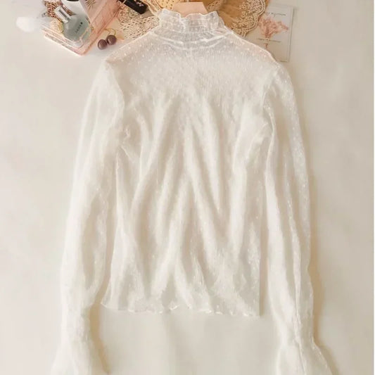 Women High Collar Mesh Perspective Blouse Summer Thin See Through Slim Bottoming Lace Long Flare Sleeved Tops