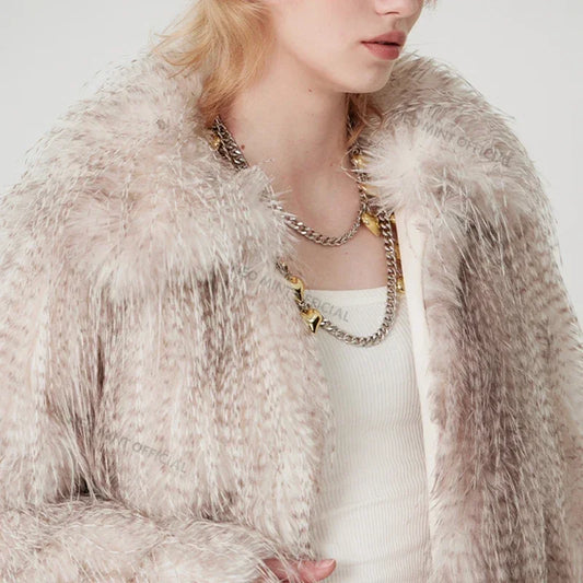 Exclusive Designer  Winter Gradient Faux Peacock Fur Coat Women Furry Tassels Fur Jackets Chic Y3k Girls Outerwears