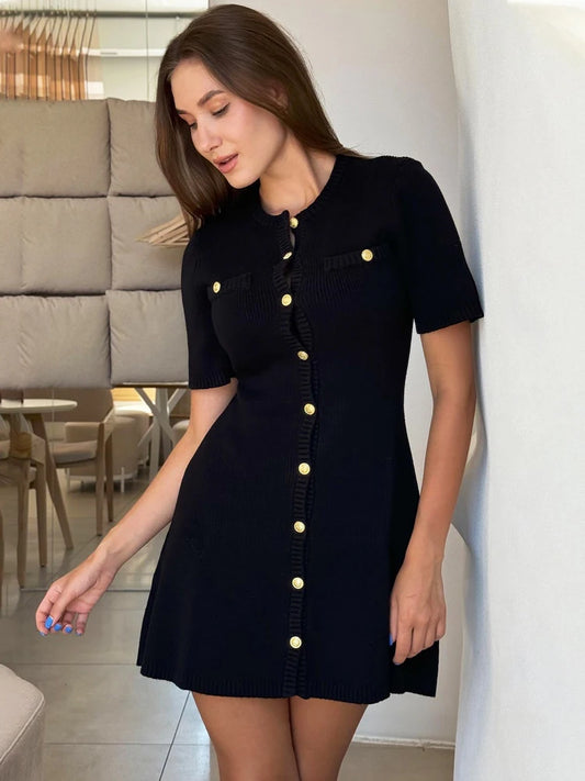 White Elegant Knitted Mini Dress For Women Metal Button Sexy Slim Rib Sweater Dress Holiday Party Outfits Autumn  New