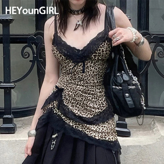 Y2K Streetwear Leopard Lace Patchwork Camis Top Gothic Style V-neck Bow Trim Tank Tops Fashion Aesthetic Vest Girls