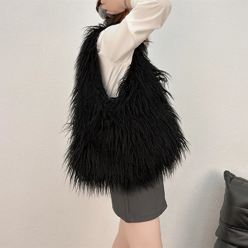 Y2k Kpop Girls Hot Fluffy Furry Shoulder Bags for Women Trend  Luxury Brand Designer Faux Fur Big Tote Bag Harajuku Handbags