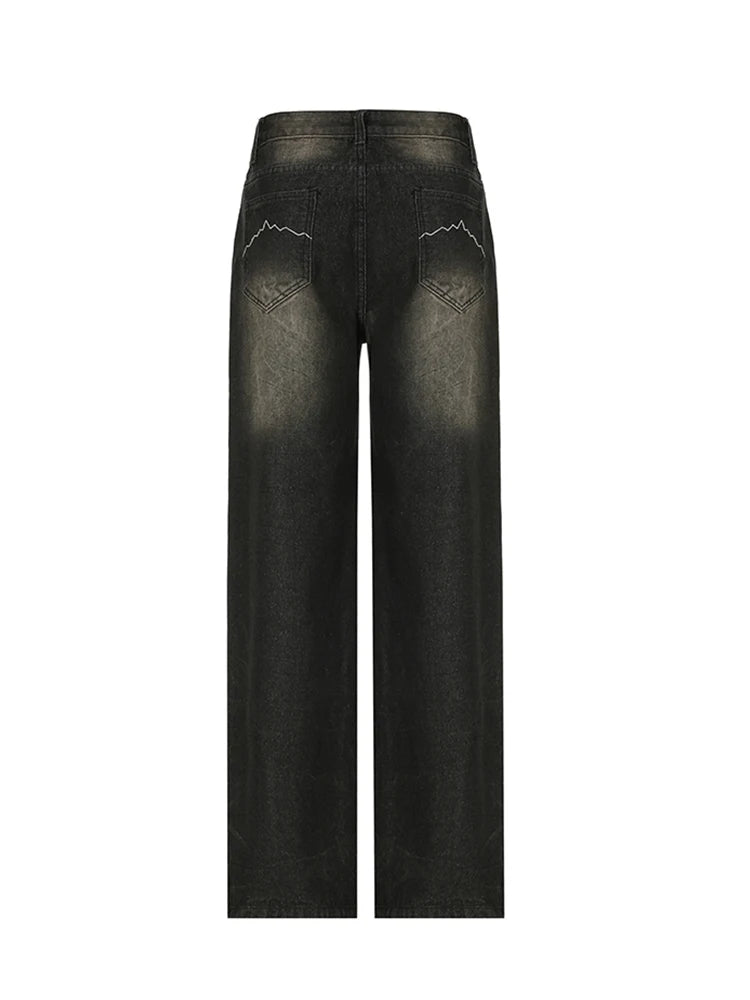American Retro Casual Straight Leg Jeans Woman Vintage Street Style Distressed Denim Pants