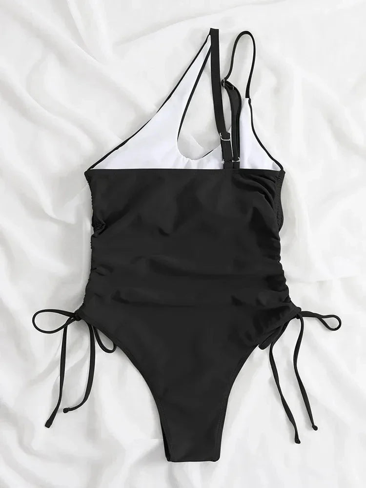 One Shoulder Bikini Textured Swimwear High Cut Swimsuit Solid Bathing Suit Women Brazilian  Fashion