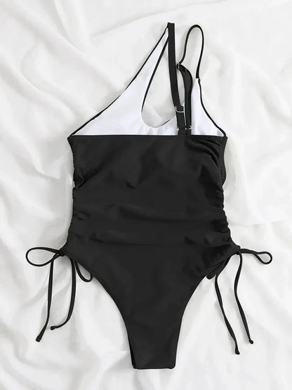 One Shoulder Bikini Textured Swimwear High Cut Swimsuit Solid Bathing Suit Women Brazilian  Fashion