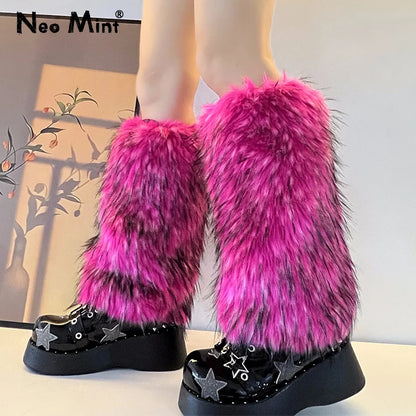 Luxury Brand Runway Fashion Fluffy Faux Fox Leg Warmers Women Thick Warm Furry Boot Covers Chic Harajuku Hot Y2k Girls Legcovers